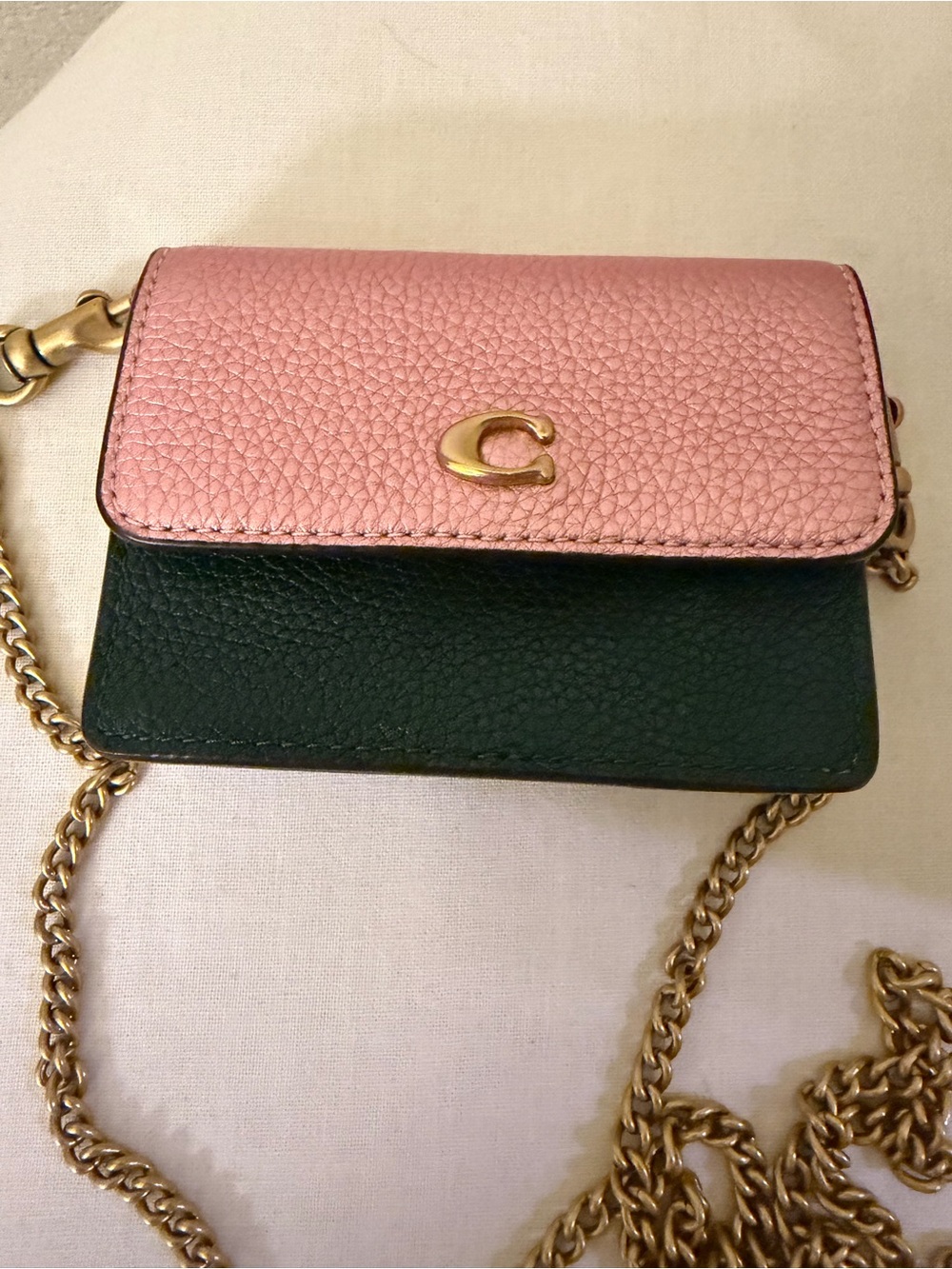 Coach Pink and Dark Green Leather mini card Chain Crossbody